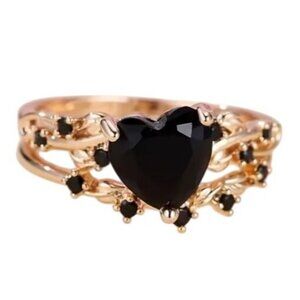 Heart Shaped Natural Onyx 2 piece Timeless rose gold Engagement Bridal Ring Set